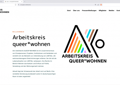 Screenshot der Startseite des Arbeitskreises queer*wohnen mit Logo, Einleitungstext und Hauptnavigation