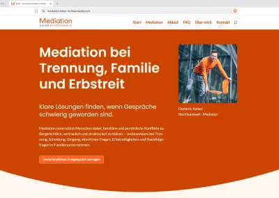 Screenshot der Startseite von Mediation Kaiser Rechtsanwälte, Bingen und Mainz, mit Mediator und Rechtsanwalt Dominic Kaiser sowie Informationen zur Familienmediation.