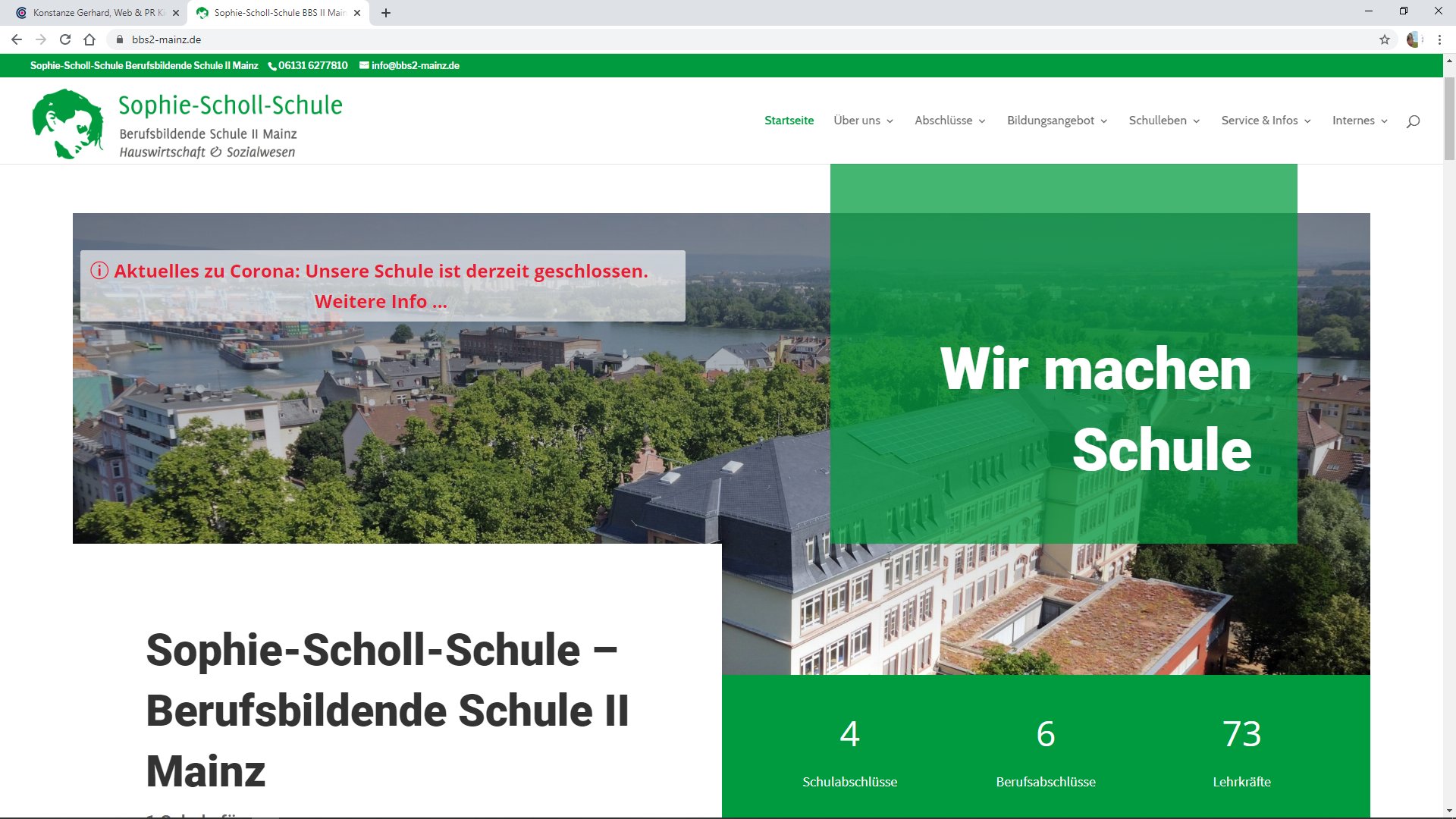 Website-Screenshot Sophie-Scholl-Schule, BBS II, Mainz